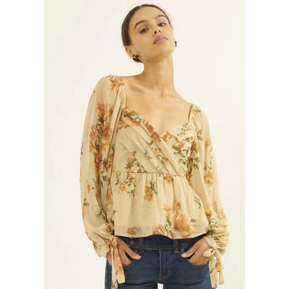 Enchanted Garden Floral Chiffon Peasant Top Small 100% Polyester Natural - Picture 1 of 13